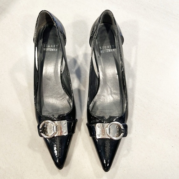 Stuart Weitzman Tabetha Patent Leather Kitten Heels Black Buckle Pointed Toe 7 - Picture 7 of 13